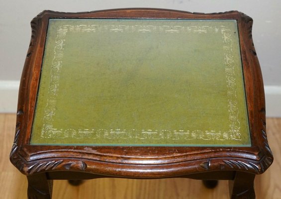 Hardwood Queen Anne Style Nesting Tables with Green Embossed Leather Top