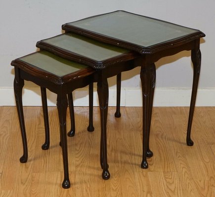 Hardwood Queen Anne Style Nesting Tables with Green Embossed Leather Top