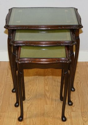 Hardwood Queen Anne Style Nesting Tables with Green Embossed Leather Top