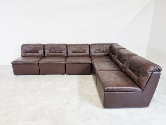 Vintage Brown Patchwork Leather Modular, Leather Modular Sofa Sectional