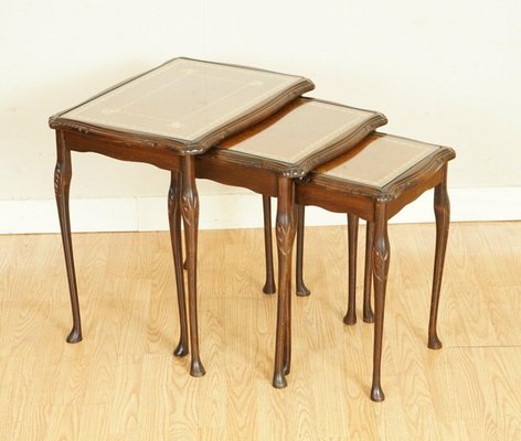 Mahogany Nest of Tables with Queen Anne Style Legs and Leather Top