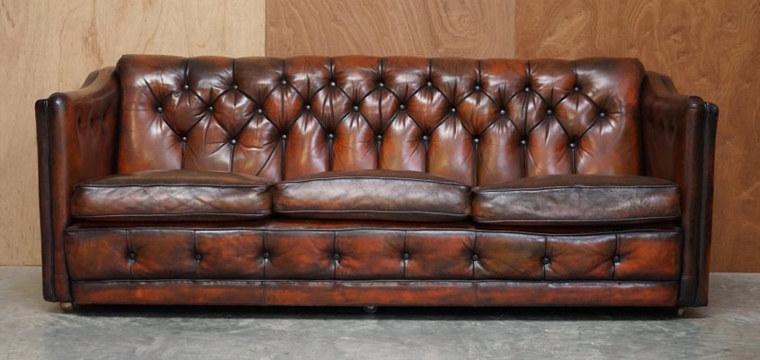 Art Deco Brown Leather Chesterfield, Tufted Leather Couch Used