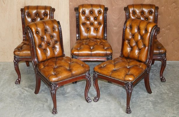 Carved Chesterfield Brown Leather Dining Chairs from C Hindley Sons 1845 Set of 5