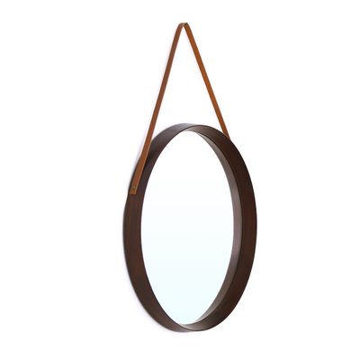 Wooden Frame And Leather Cord 1960s, Round Mirror With Leather Frame