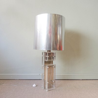 Polished Aluminum Table Floor Lamp, Vintage Lucite Floor Lamp With Table Attached