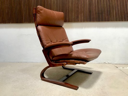 Fauteuil Vintage Suédois En Cuir Gris Signé NELO – Pivotant – Excellent état