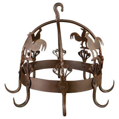Wrought Iron and Metal Rooster Hanging Pot Rack for sale at Pamono