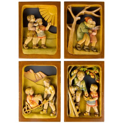 Quadri in legno intagliato raffiguranti le quattro stagioni, set di 4 in  vendita su Pamono