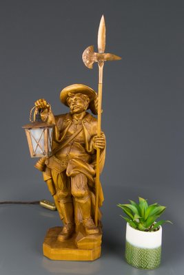 Hand Carved Wooden Sculpture Lamp Depicting Night Watchman with