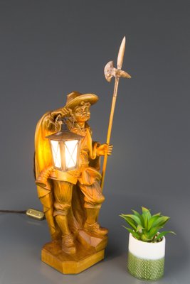 Hand Carved Wooden Sculpture Lamp Depicting Night Watchman with
