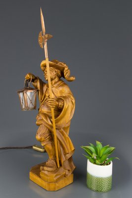 Hand Carved Wooden Sculpture Lamp Depicting Night Watchman with