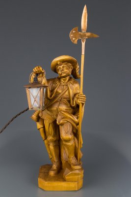 Hand Carved Wooden Sculpture Lamp Depicting Night Watchman with