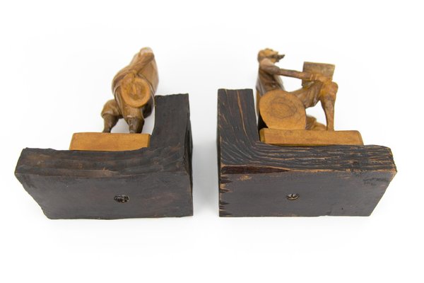 Sculpture Bookends in Hand-Carved Wood of Don Quixote and Sancho