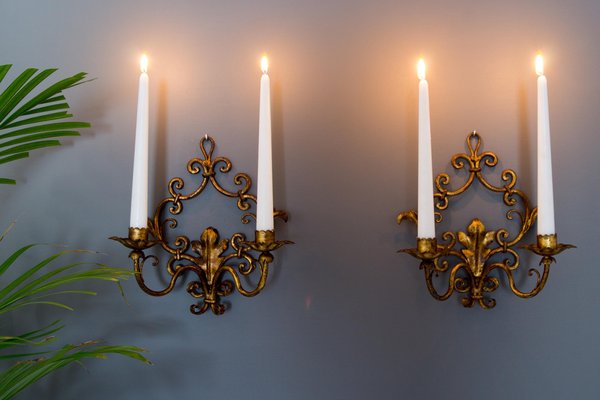 Italian Florentine Style Golden Color Candle Wall Sconces Set of 2