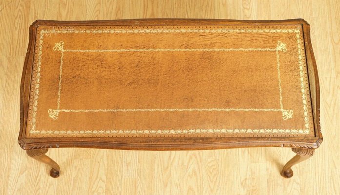 Vintage Brown Leather Top Coffee Table with Queen Anne Legs