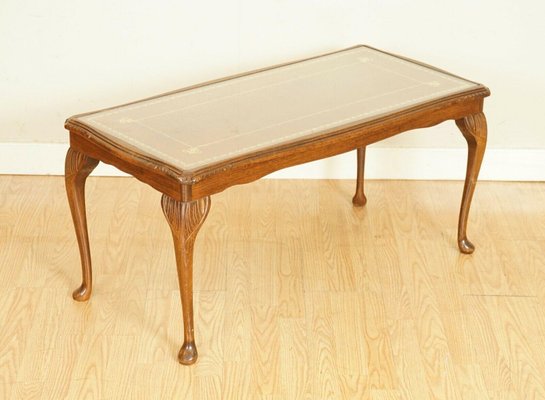 Vintage Brown Leather Top Coffee Table with Queen Anne Legs for