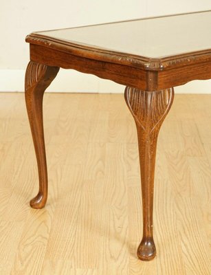Vintage Brown Leather Top Coffee Table with Queen Anne Legs