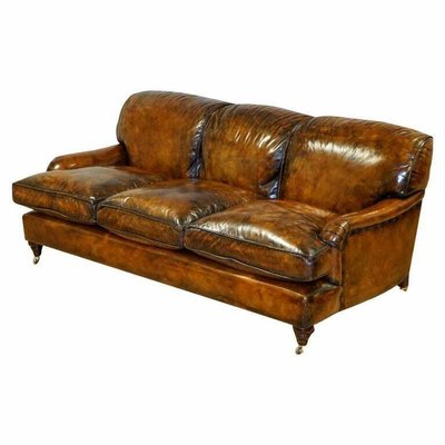 Feather Filled Leather Sofa in the Manner of Howard Sons