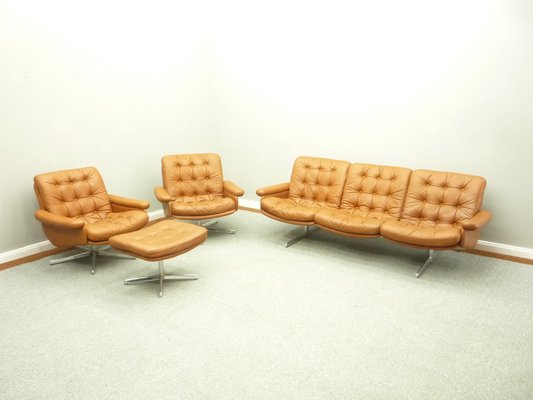 Mid Century Leather Sofa Armchairs And, Leather Sofa And Chair With Ottoman