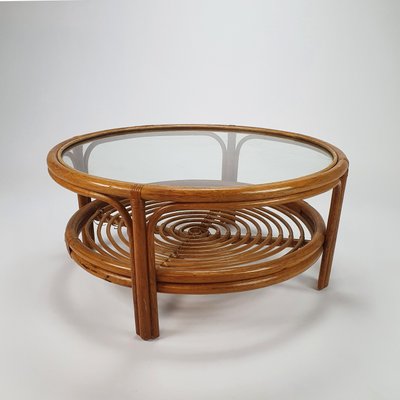 Vintage Rattan Coffee Table With Glass, Vintage Cane Coffee Table With Glass Top