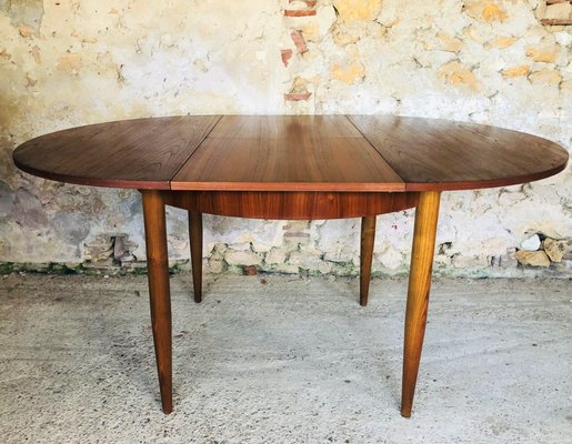 Mid Century Vintage Extendable Teak, Round Dining Table With Built In Leaf