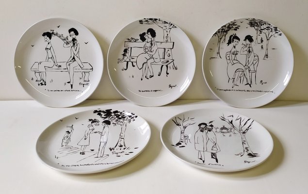 Hand Painted Plates by Raimond Peynet for SCI Laveno 1960s Set of 5
