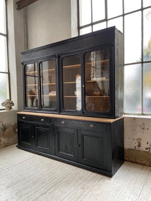 Large Napoleon Glazed Bookcase 1900s, Large Black Bookcase With Doors And Windows