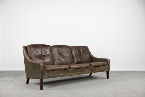 Vintage Danish Modern Brown Leather 3 Seater Sofa 1950s