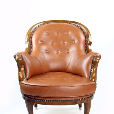 Cognac Leather and Walnut Armchair Czechoslovakia 1940s for sale