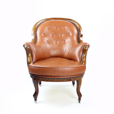 Cognac Leather and Walnut Armchair Czechoslovakia 1940s for sale