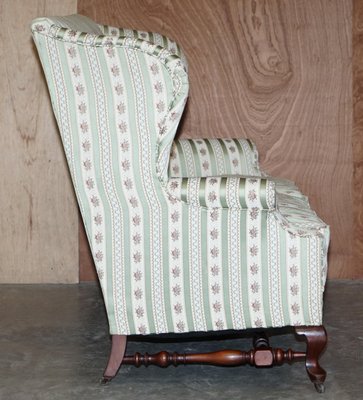 Victorian Ticking Fabric Upholstered Double Wingback Sofa Armchair