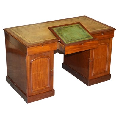 Antique Hardwood Pedestal Desk With, Sloped Writing Desk