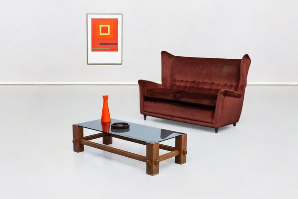 Italian Two Seat Sofa in Red Corduroy Velvet by Grand Hotel Duomo Milano 1950