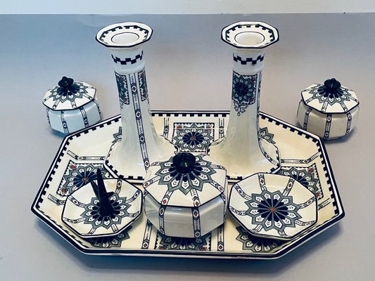 English Art Nouveau Porcelain Ensemble with Candlesticks Lidded