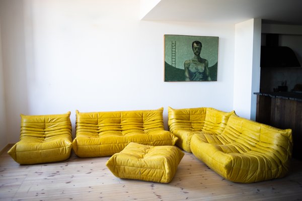 Two Seater Togo Sofa in Yellow Leather by Ligne Roset, 1980s France