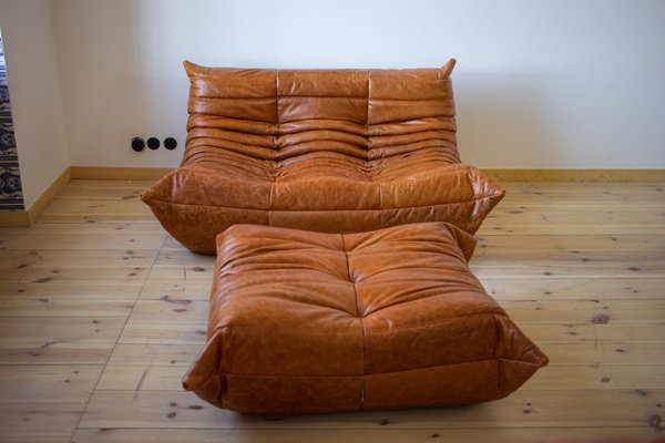 Pine Leather Togo Pouf and 2 Seat Sofa by Michel Ducaroy for Ligne Roset Set of 2