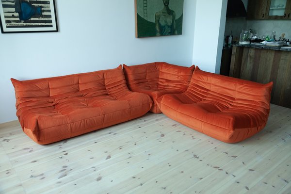 Amber Orange Velvet Togo Corner, 2- and 3-Seat Sofa by Michel