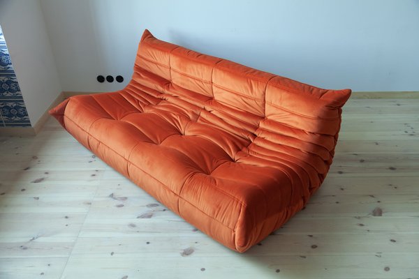 Togo Loveseat in Orange Leather by Michel Ducaroy for Ligne Roset