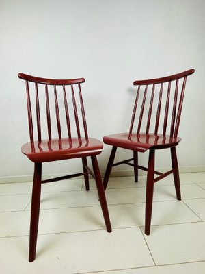 Vintage Bordeaux Red Wooden Dining Chairs by Ilmari Tapiovaara 1960s Set of 2