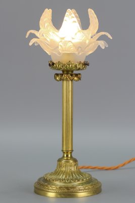 Bronze Table Lamp with Flower Shaped Glass Shade for sale at Pamono