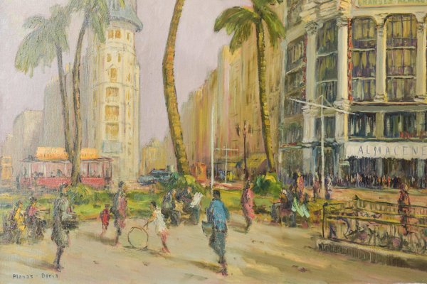 Pintura de paisaje urbano grande de Francisco Planas Doria, años 40, óleo enmarcado en venta en