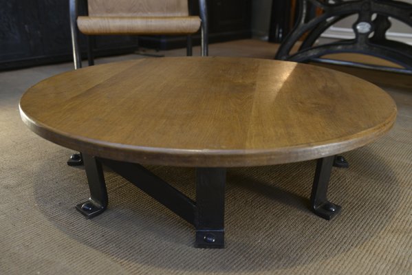 Round Industrial Coffee Table with Steel Foot and Solid Oak Top