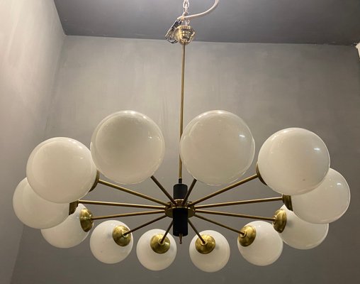 Large Italian Opaline Glass Sputnik 12 Light Chandelier