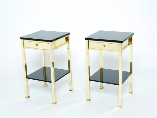French Brass and Black Lacquer 2 Tier Nightstands 1960s Set of 2