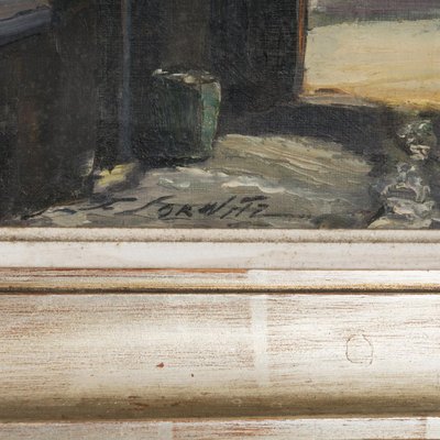Tableau Huile Sur Toile Signé Ginet? - Rue, Paysage XXe Siècle, 55x46 Cm, Petits Manques De Peinture