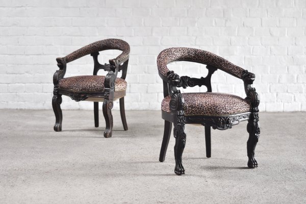 Antique Renaissance Style 19th Century Carved Oak Tub Chairs with Leopard Print Upholstery Set of 2