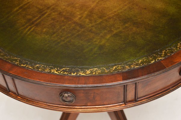 Antique Regency Style Leather Top Drum, Vintage Leather Top Round Table