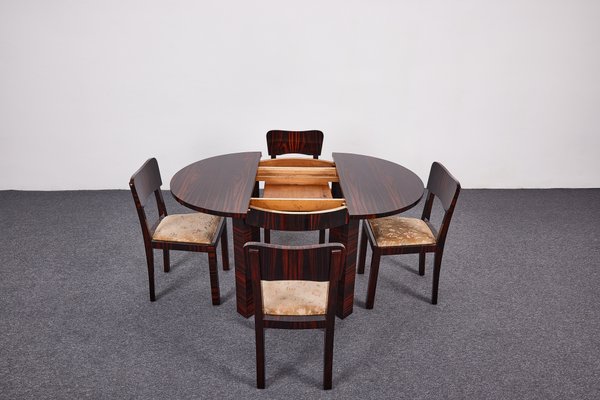 Art Deco Macassar Veneer 4 Person, Round 4 Person Dining Table And Chairs Set Of