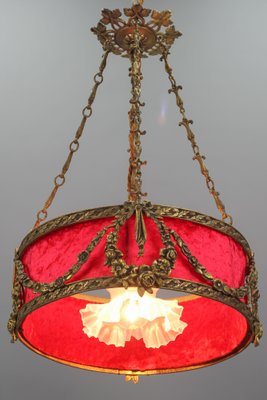 French Louis XVI Style Bronze and Red Fabric Shade Pendant