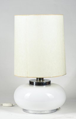 Italian Table Lamp with Chromed Metal Base and White Milk Glass Fabric Lampshade 1960s